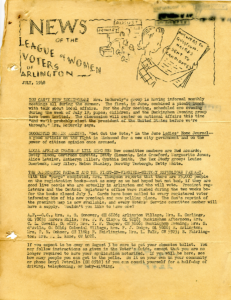 mimeographed sheet of a newsletter titled "News of the League of Women Voters of Arlington, July 1948"