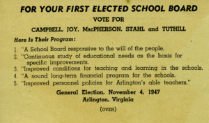 Notecard with a guide on which school board candidates to vote for in the 1947 election, including five key positions and a sample ballot.